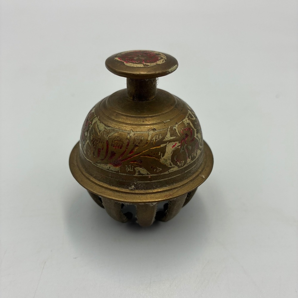 Vintage Brass Elephant Claw Bell Hand Etched Enamel Made in India Decor